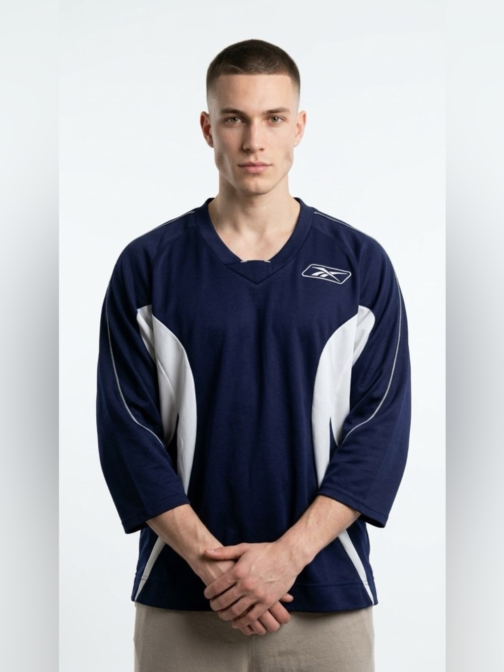 Reebok Hockey Jersey Navy White Long Sleeve Athletic Men's L - Picture 2 of 7